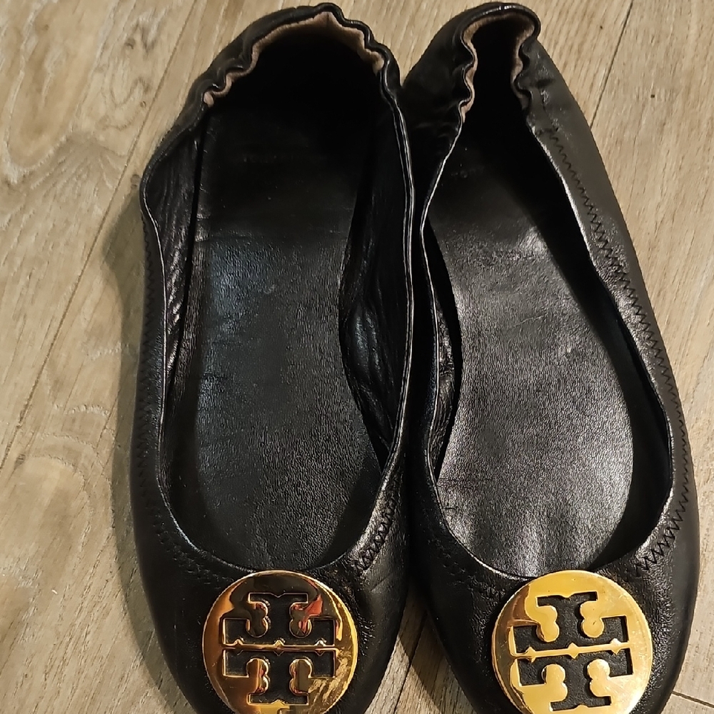 Tory Burch Black Flats with Gold Emblem
